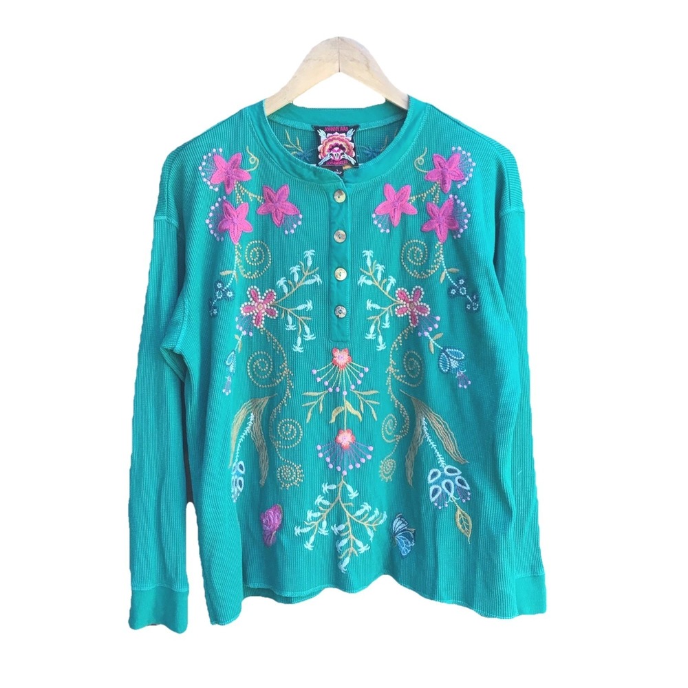 Johnny Was Los Angeles Embroidered Floral Thermal Henley Top Women's Large